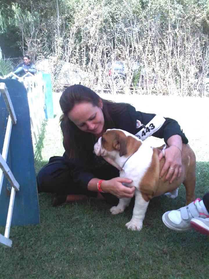karen vestida formalmente de handler con su numero de participación tomado en su brazo y junto a una cachorra bulldog inglés