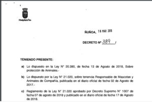 parte de la 1era página del decreto 389 de tenencia responsable de Ñuñoa