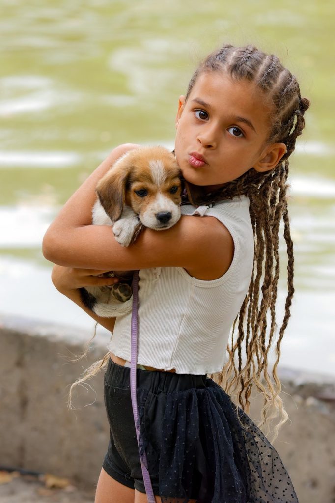 niña de pie sostiene a un cachorro beagle en sus brazos