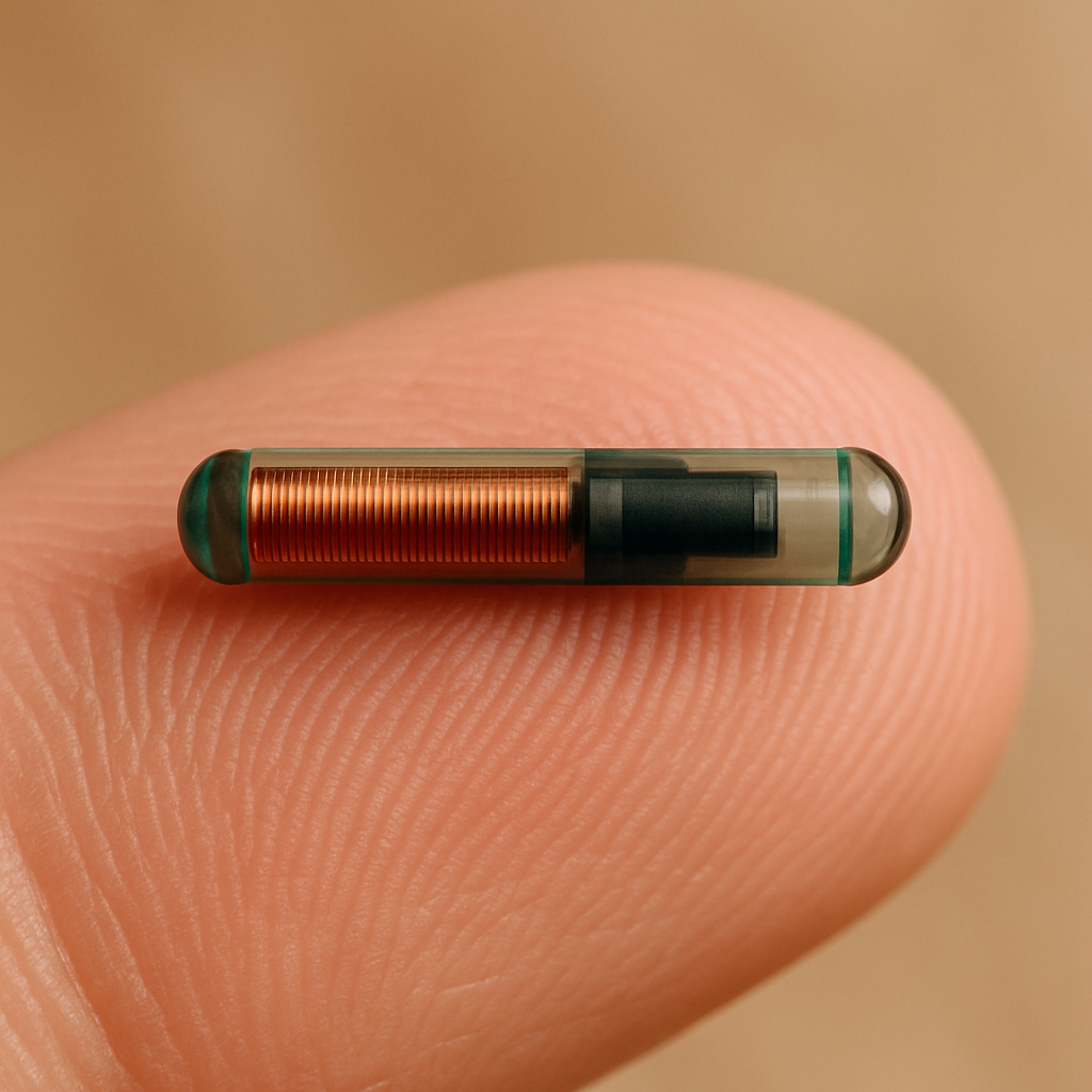 microchip animal sobre el dedo de una persona