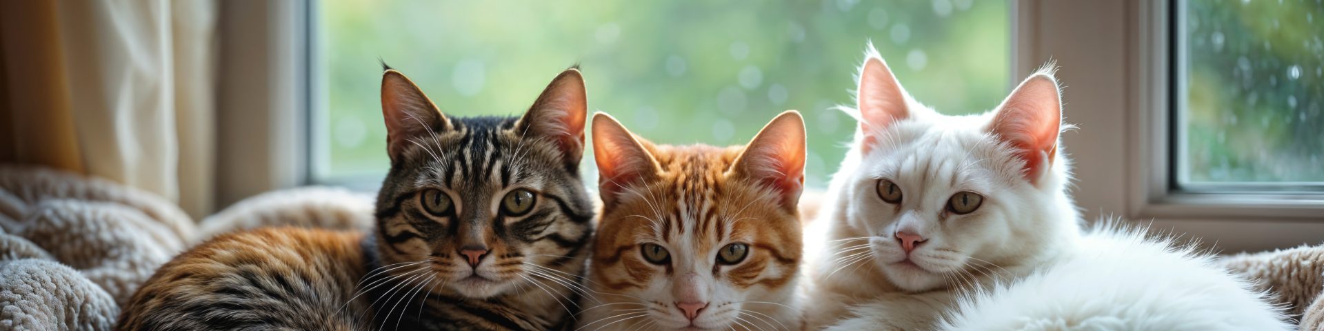retrato de 3 gatos de diferentes colores echados al sol indoor realizado por IA