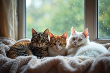 retrato de 3 gatos de diferentes colores echados al sol indoor realizado por IA