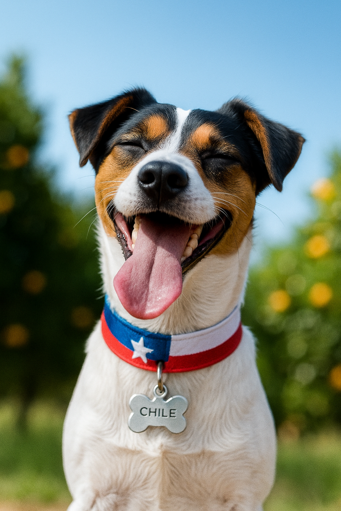 imagen en contrapicado de medio plano a color de un fox terrier chileno en exterior, con su collar con motivo de la bandera chilena y su chapita de identificación de plata y su nombre grabado que dice Chile