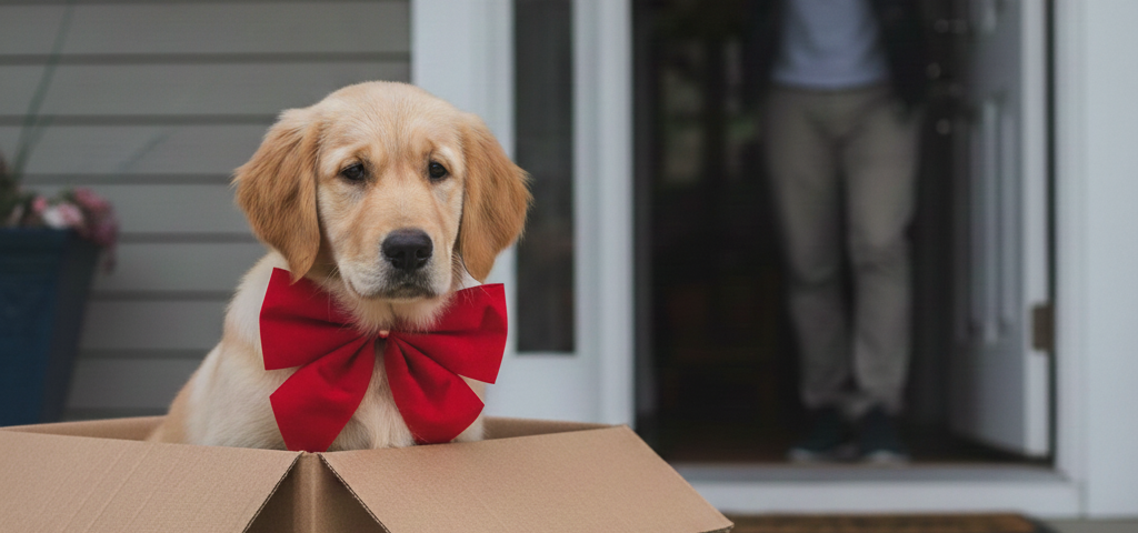 cachorro golden con una corbata de humita roja sentado dentro de una caja de cartón fuera de la casa de una persona que abre la puerta y ver espantado este regalo que le llego