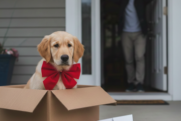 cachorro golden con una corbata de humita roja sentado dentro de una caja de cartón fuera de la casa de una persona que abre la puerta y ver espantado este regalo que le llego