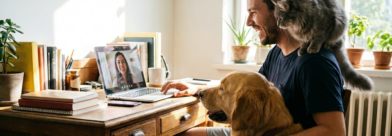 tutor junto a su perro y gato en una videollamada sentado frente a su escritorio con luz dia de verano