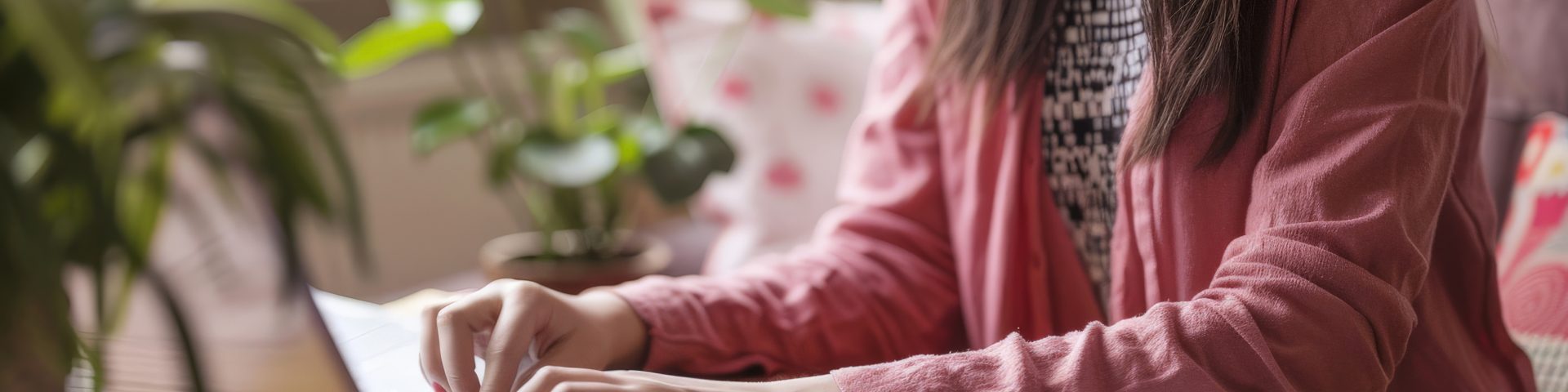 mujer sentada en su escritorio escribiendo en su notebook