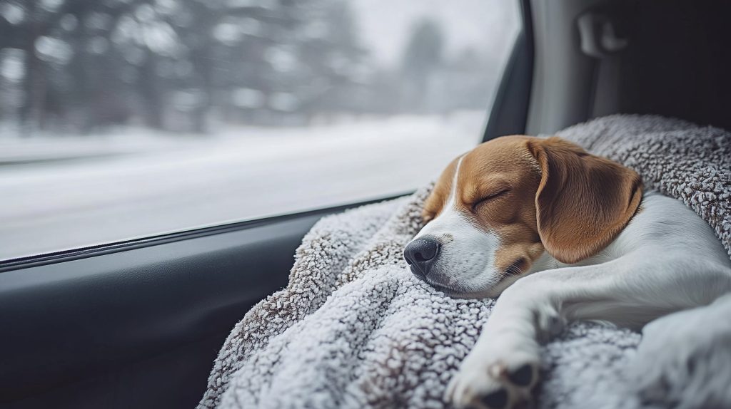 beagle durmiendo calientito sobre un chal de polar dentro de un auto