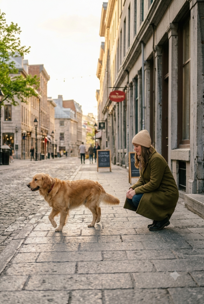 una tutora agachada mirando a su golden retriever como camina