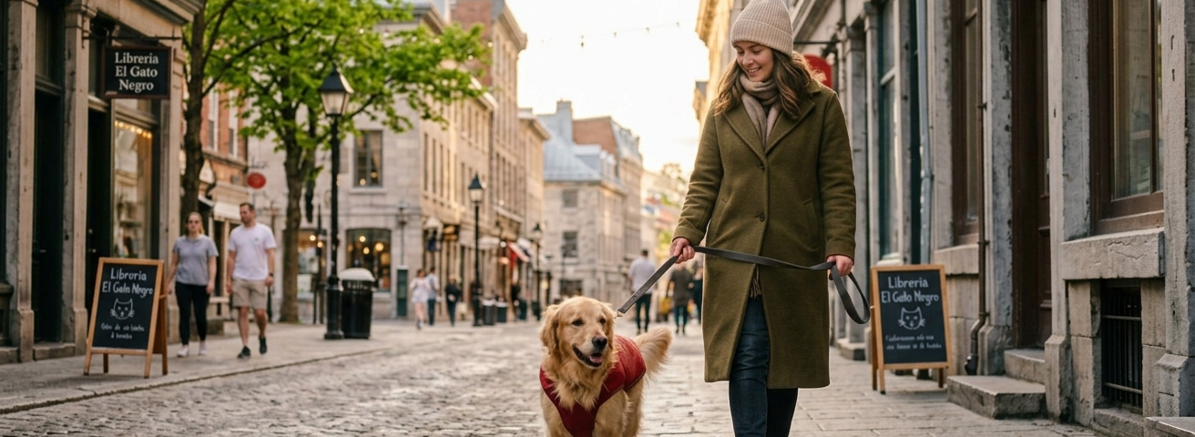 tutora caminando junto a su perro por la calle en un dia de invierno