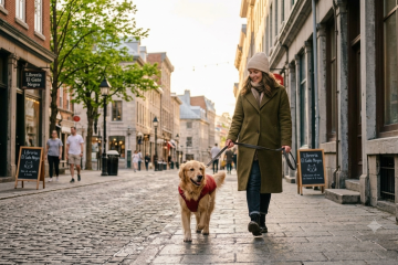 tutora caminando junto a su perro por la calle en un dia de invierno