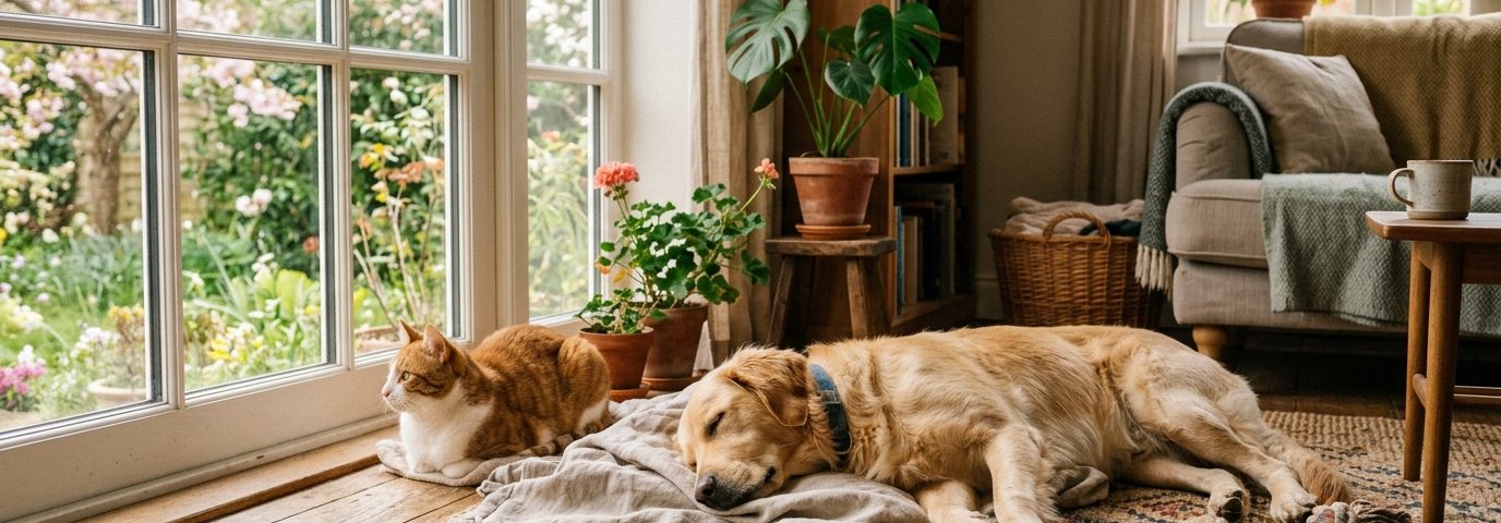 hogar cálido y luminoso en primavera, con un perro y un gato compartiendo el espacio de manera natural