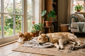 hogar cálido y luminoso en primavera, con un perro y un gato compartiendo el espacio de manera natural